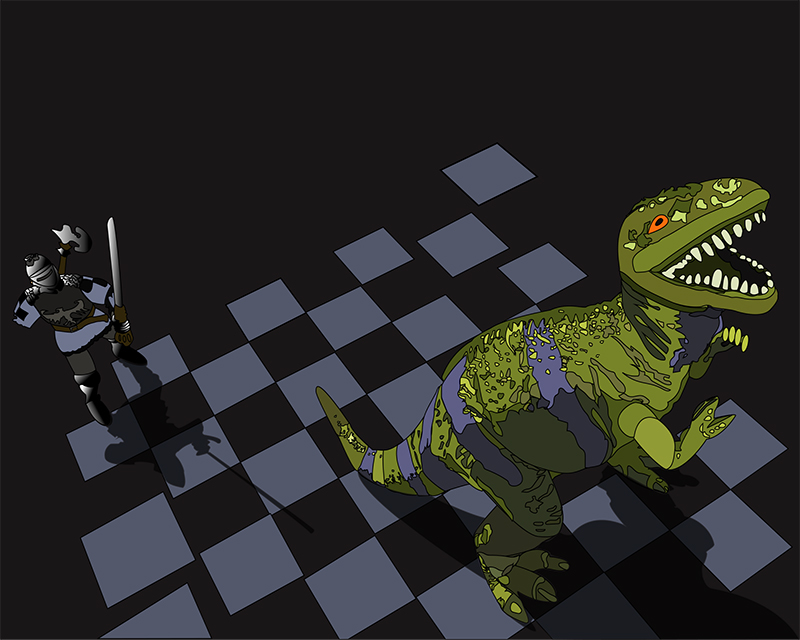 On a floating and disintegrating chessboard, a one-armed toy knight confronts a roaring T-Rex from behind.