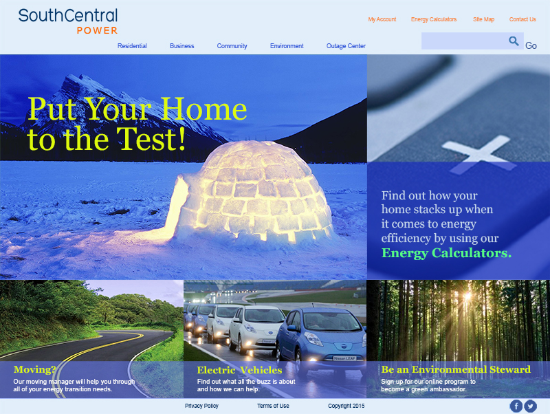Revised South Central Power homepage, using 3-bucket layout. Desktop view