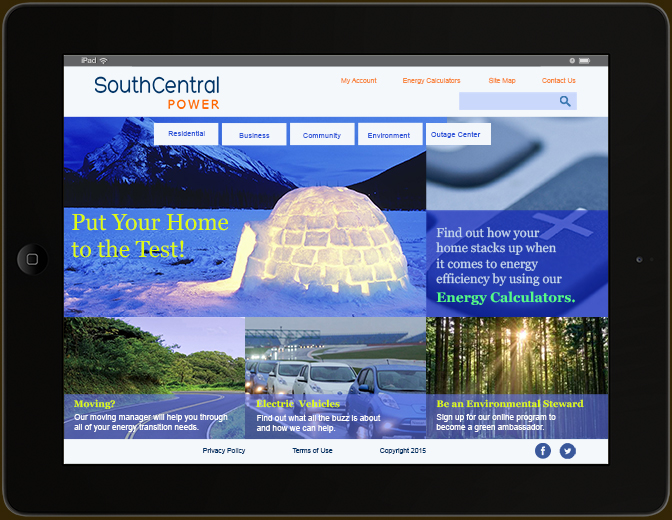 Revised South Central Power homepage, using 3-bucket layout. Landscape tablet view