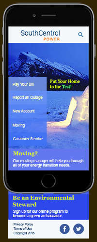Revised South Central Power homepage, using 3-bucket layout. Portrait phone view.